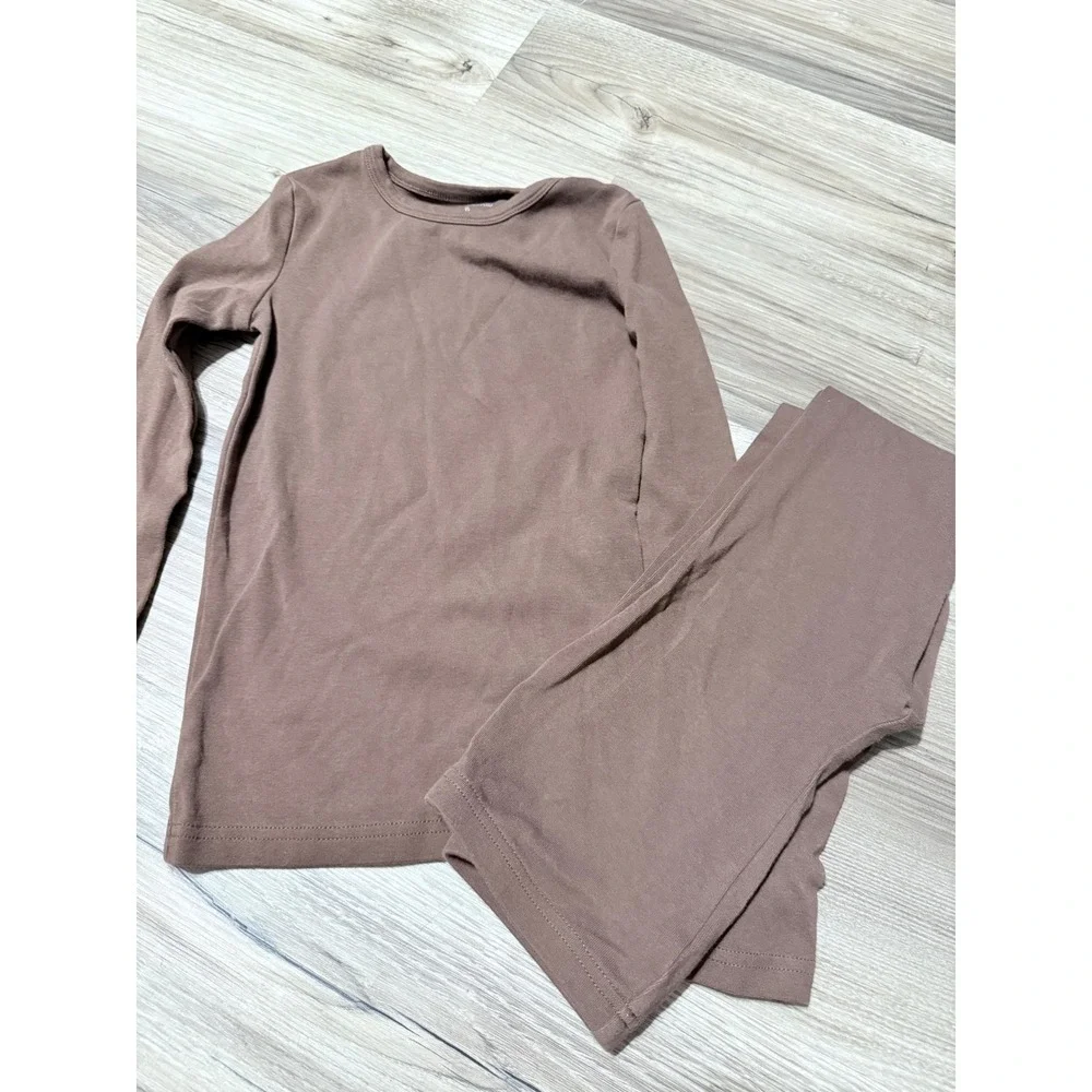 Kids Brown Long Sleeve Pajama Set Ribbed Knit Top and Leggings Loungewear 2PC